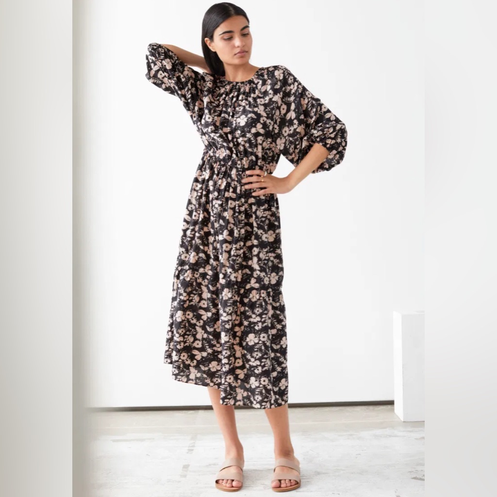 & Other Stories Black And Cream Floral Raglan Sleeve Midi Dress Size 8 Boho